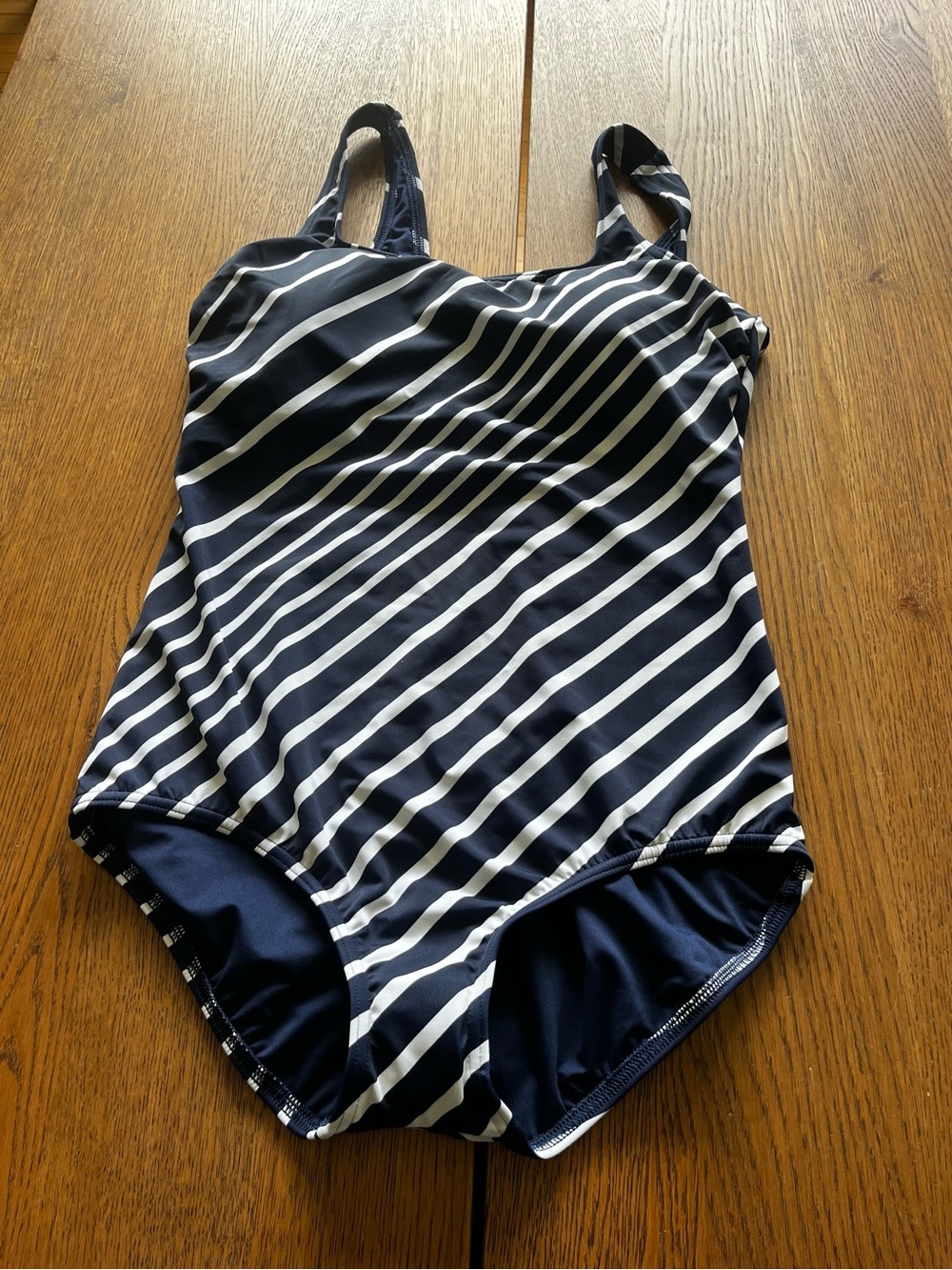 Lands' End Navy & White Diagonal Stripe One-Piece Swimsuit NWOT